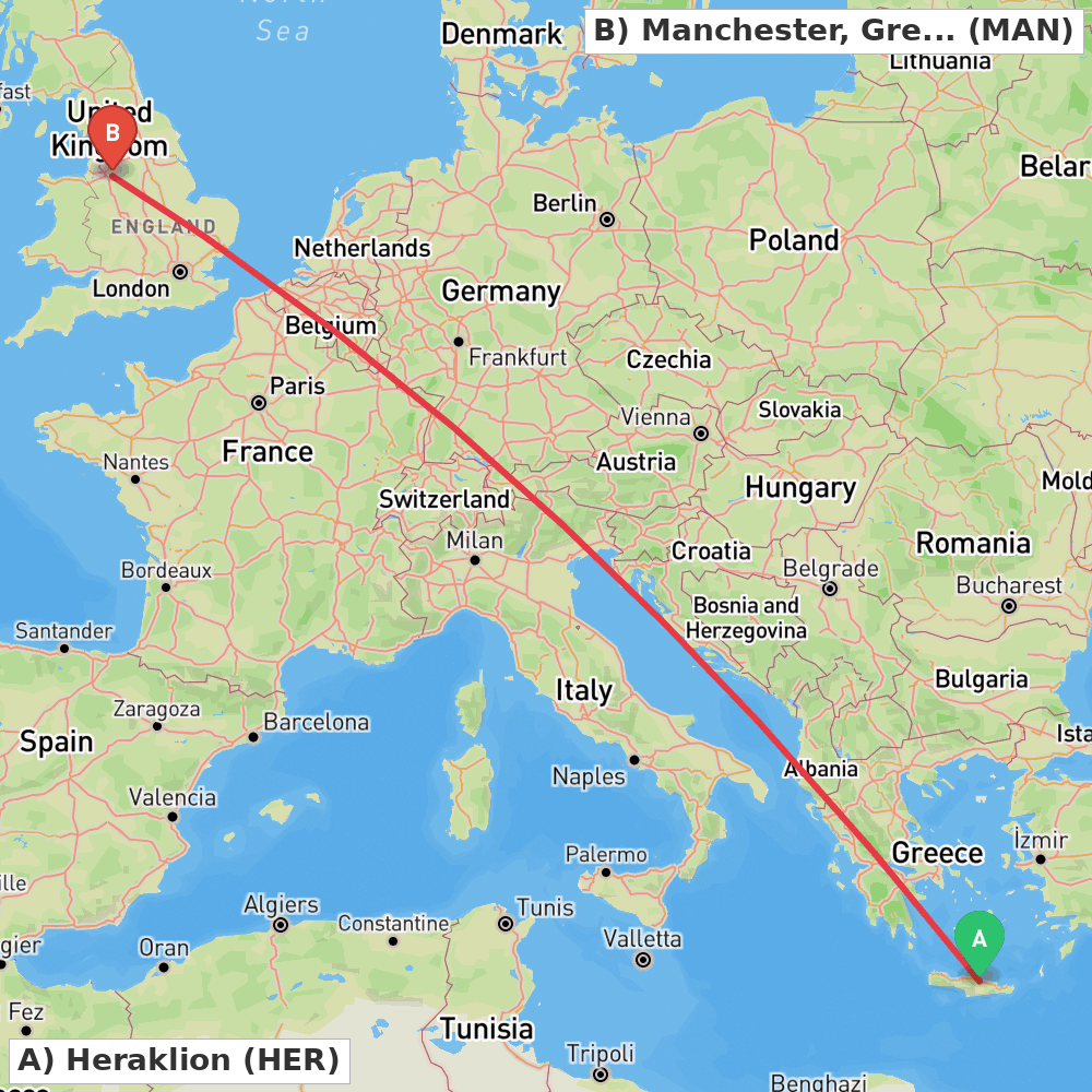 Flight route map from Heraklion to Manchester, Greater Manchester