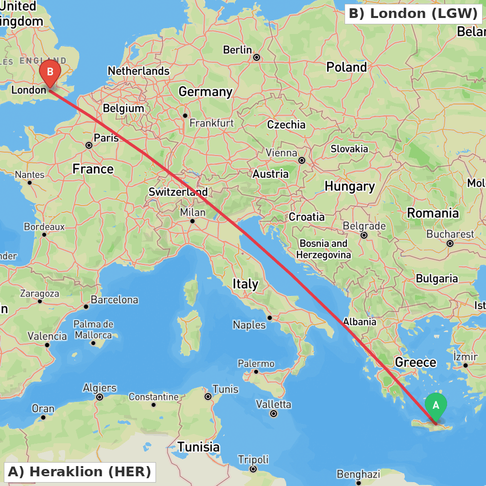 Flight route map from Heraklion to London