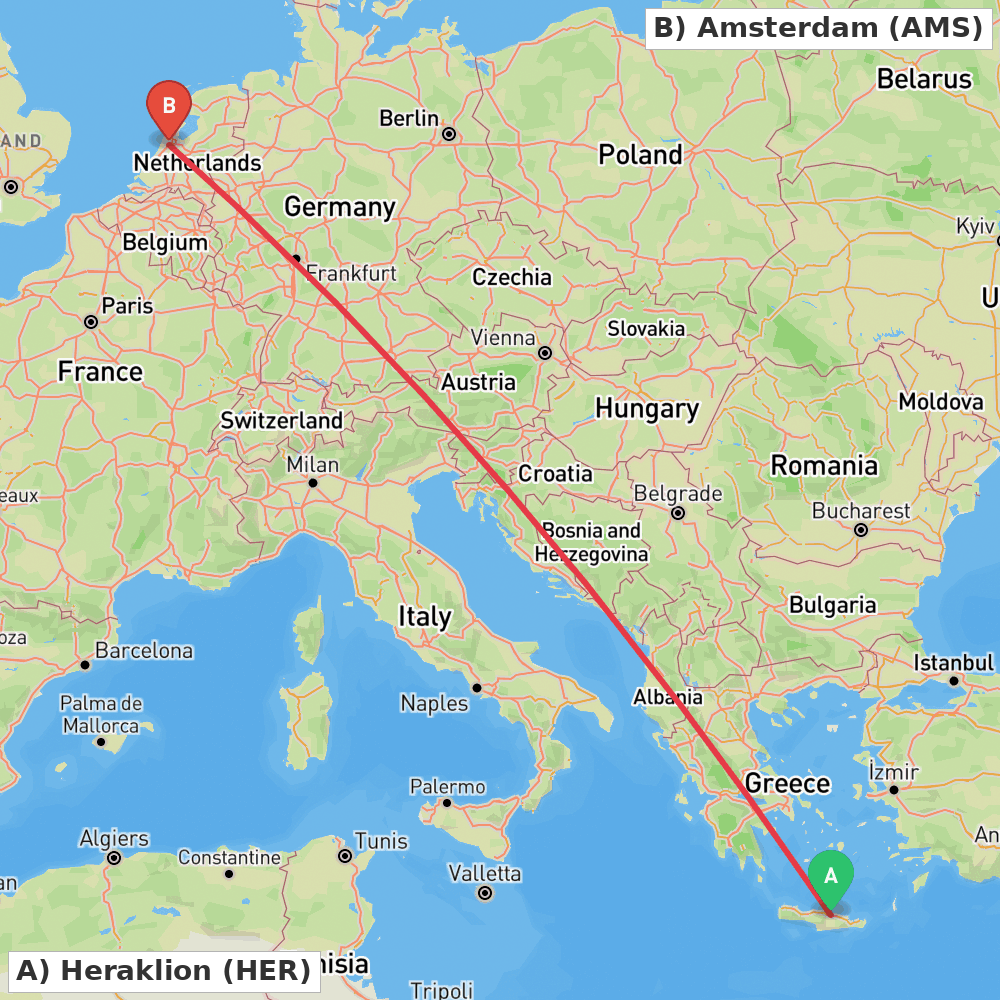 Flight route map from Heraklion to Amsterdam