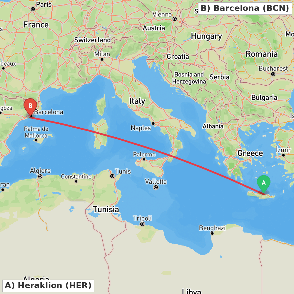 Flight route map from Heraklion to Barcelona