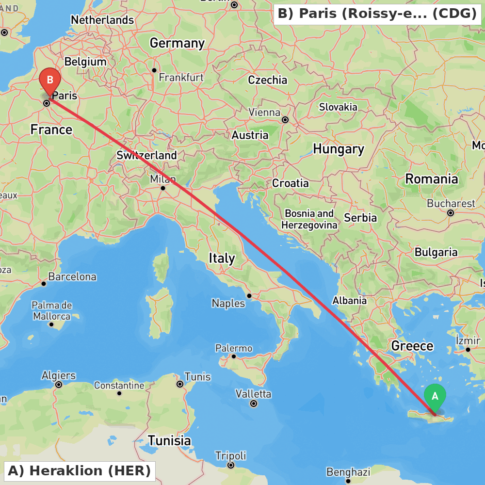 Flight route map from Heraklion to Paris (Roissy-en-France, Val-d'Oise)