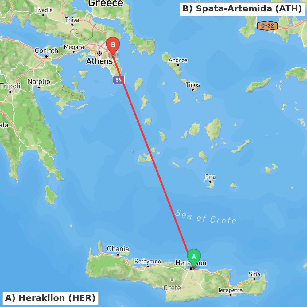 Flight route map from Heraklion to Spata-Artemida