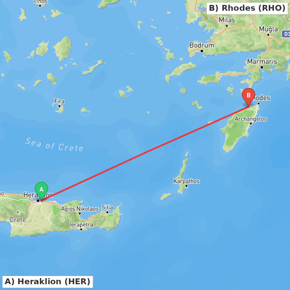 Flight route map from Heraklion to Rhodes
