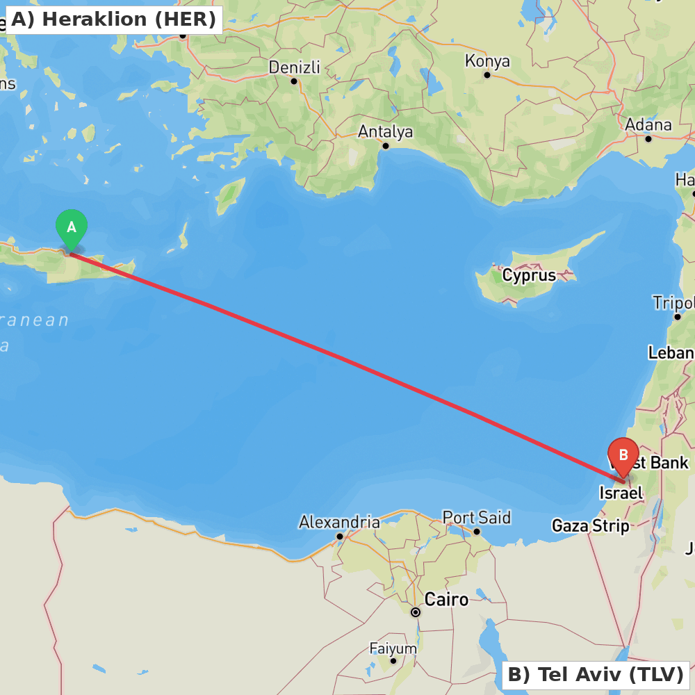 Flight route map from Heraklion to Tel Aviv