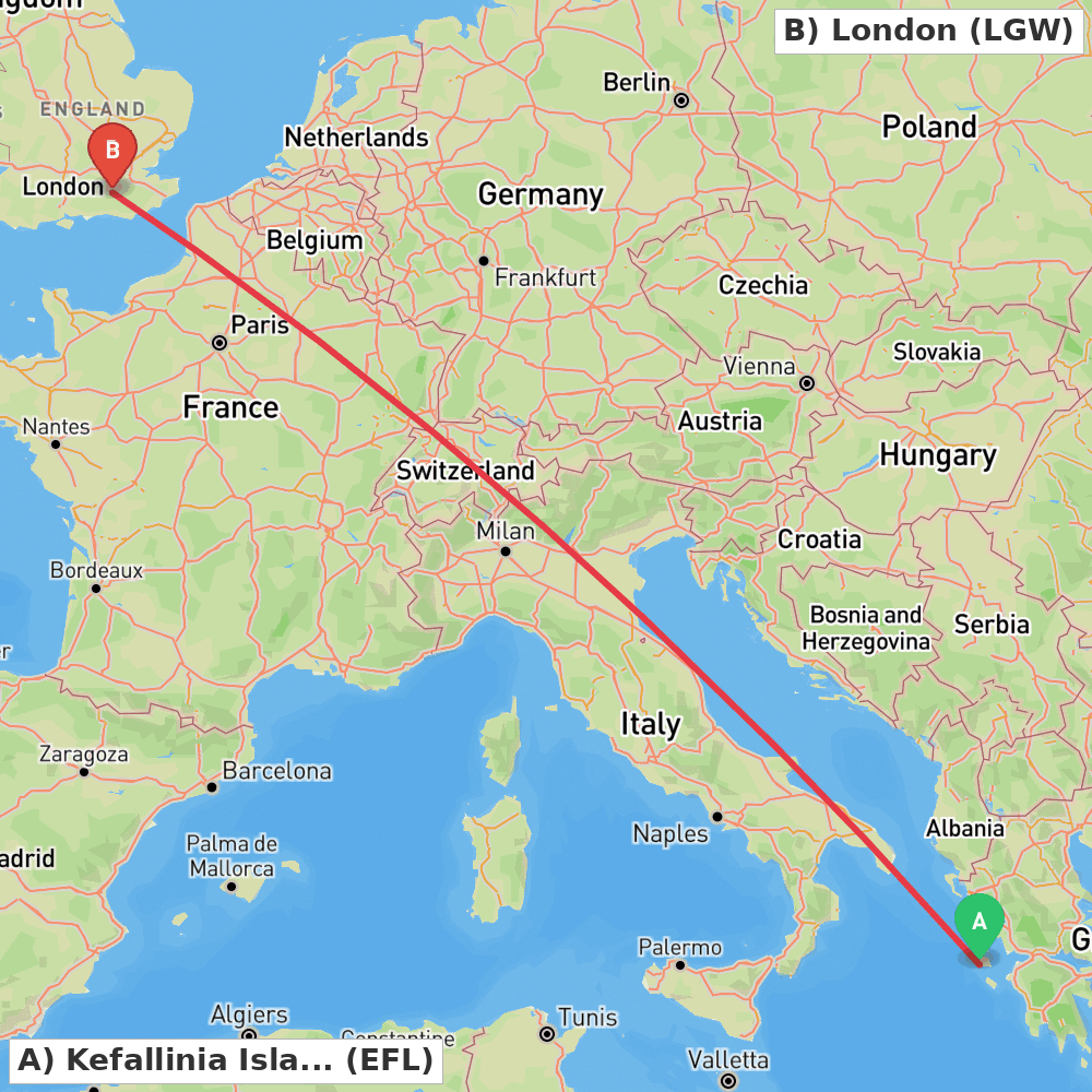 Flight route map from Kefallinia Island to London