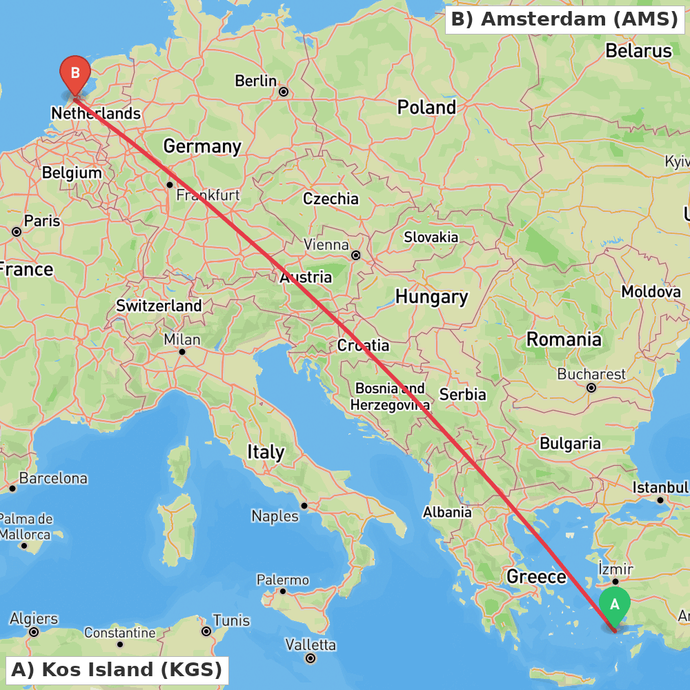 Flight route map from Kos Island to Amsterdam