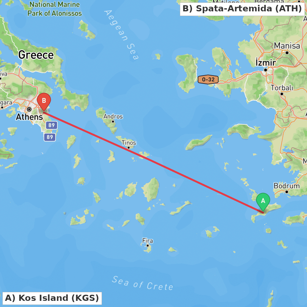 Flight route map from Kos Island to Spata-Artemida