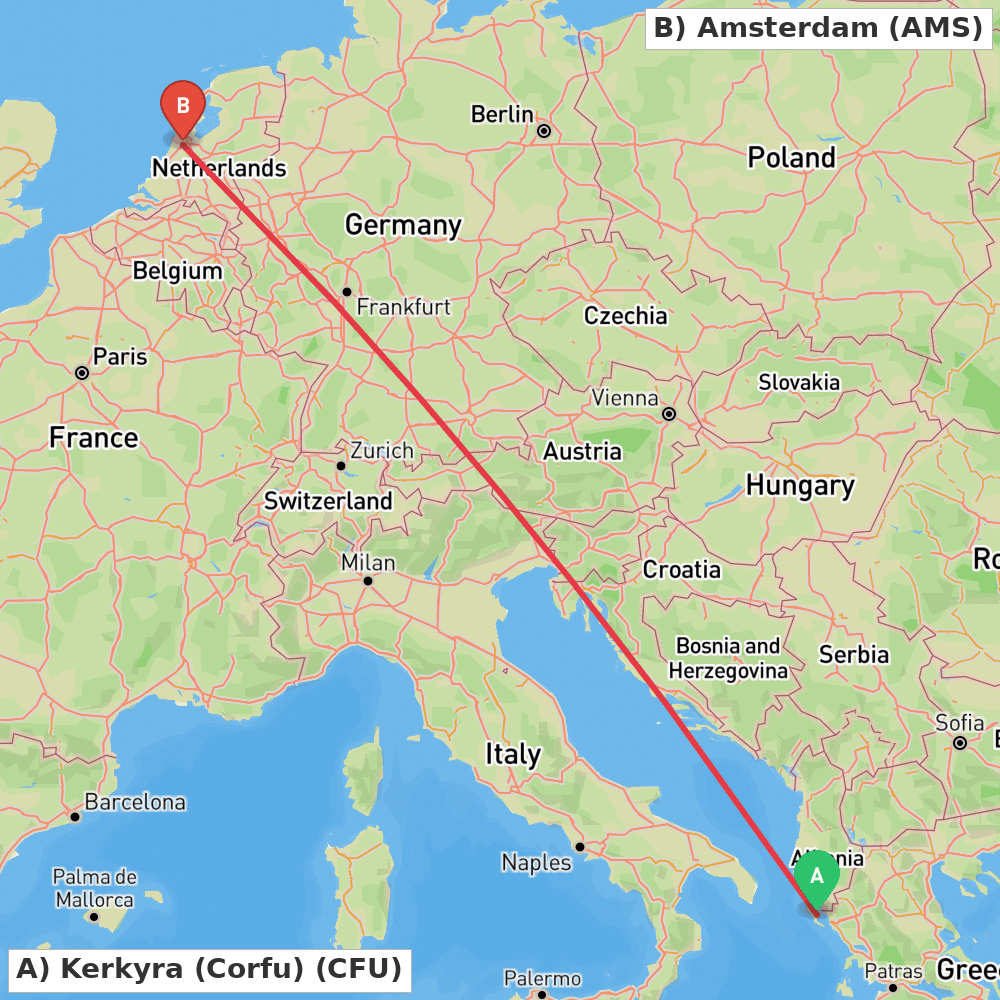 Flight route map from Kerkyra (Corfu) to Amsterdam