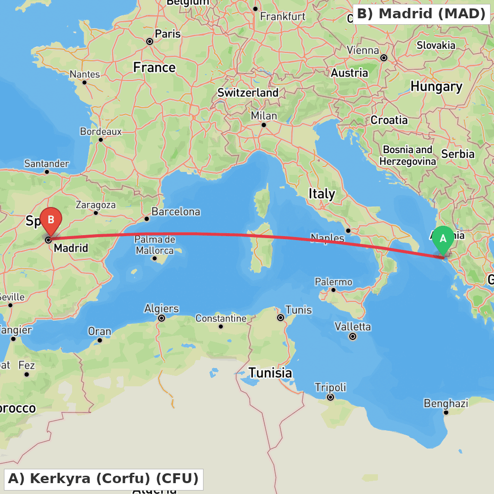 Flight route map from Kerkyra (Corfu) to Madrid
