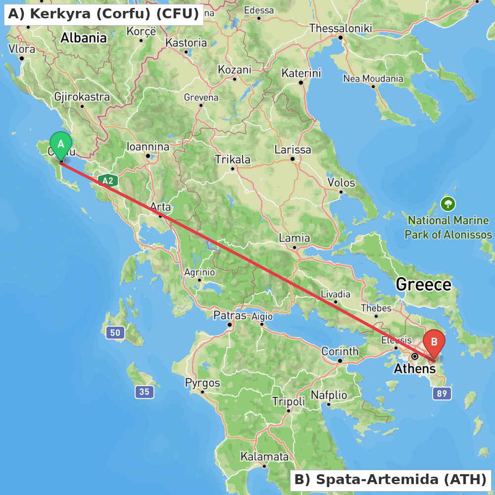 Flight route map from Kerkyra (Corfu) to Spata-Artemida
