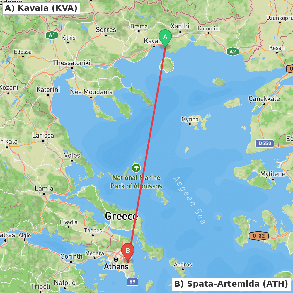Flight route map from Kavala to Spata-Artemida