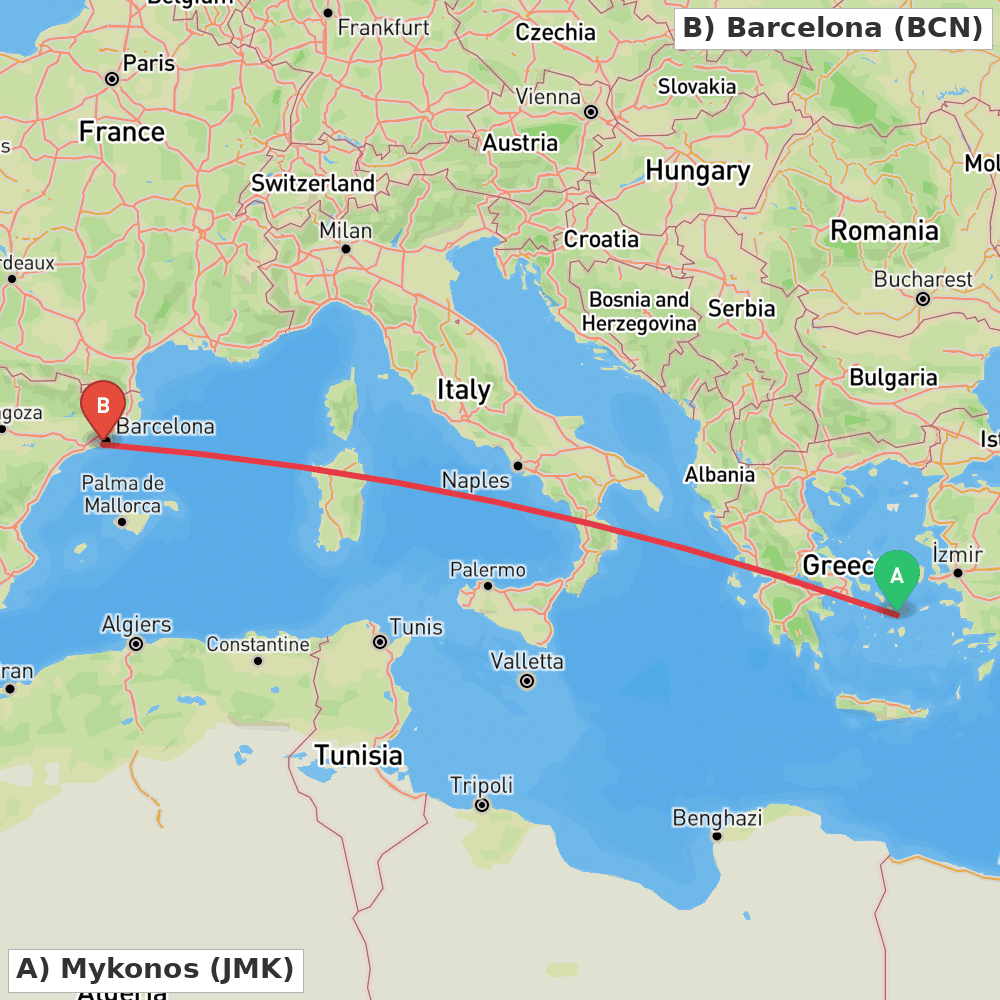 Flight route map from Mykonos to Barcelona