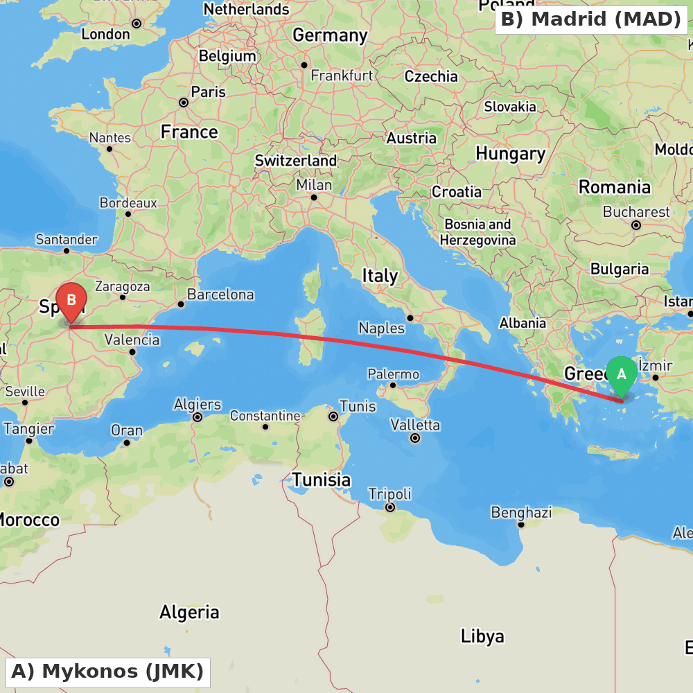 Flight route map from Mykonos to Madrid