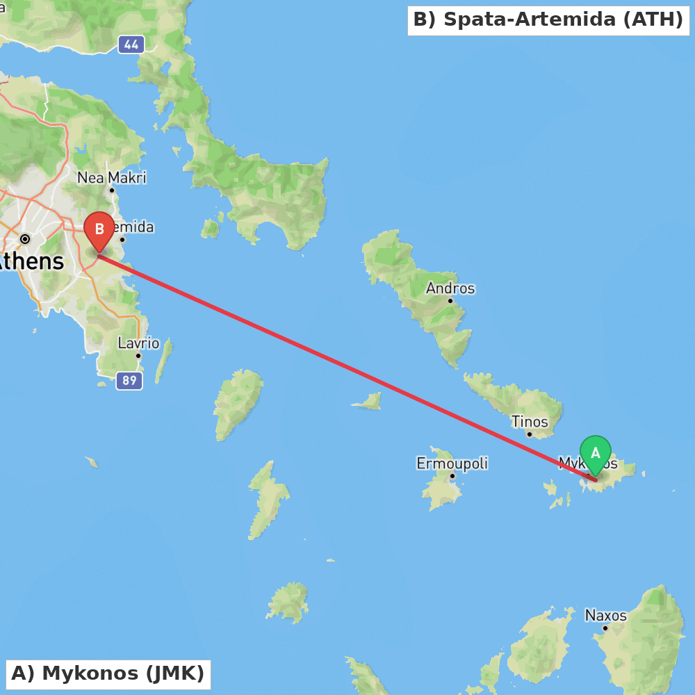 Flight route map from Mykonos to Spata-Artemida