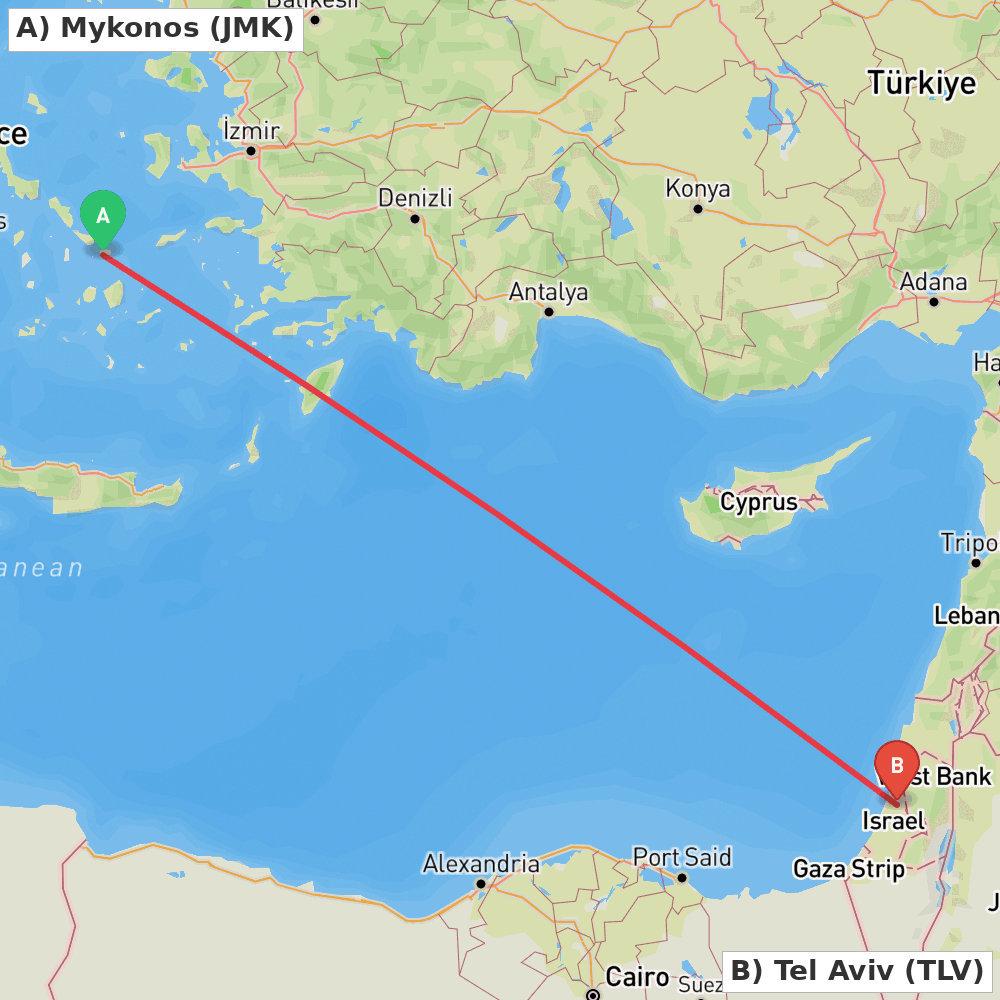 Flight route map from Mykonos to Tel Aviv