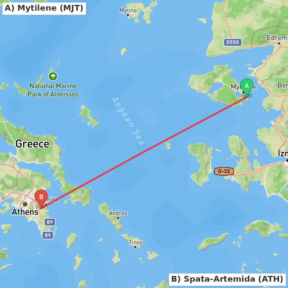 Flight route map from Mytilene to Spata-Artemida