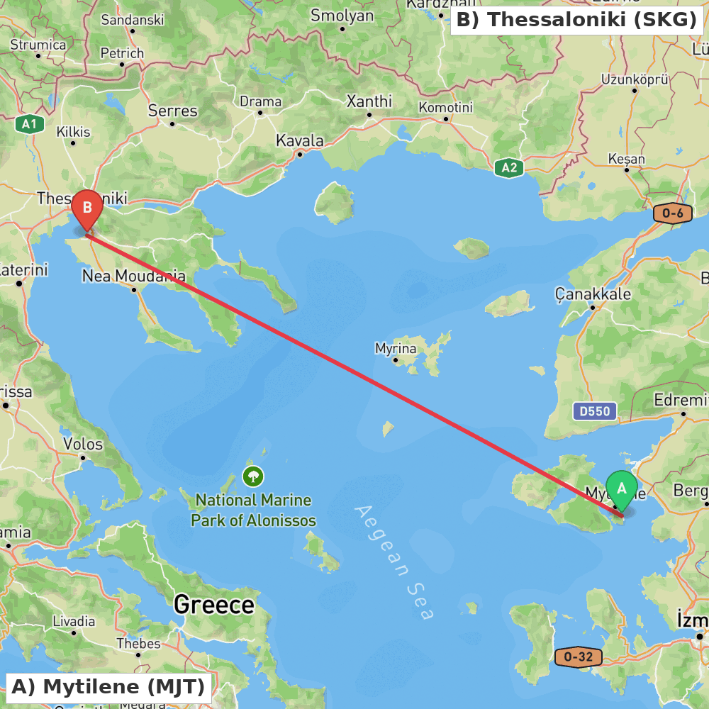 Flight route map from Mytilene to Thessaloniki