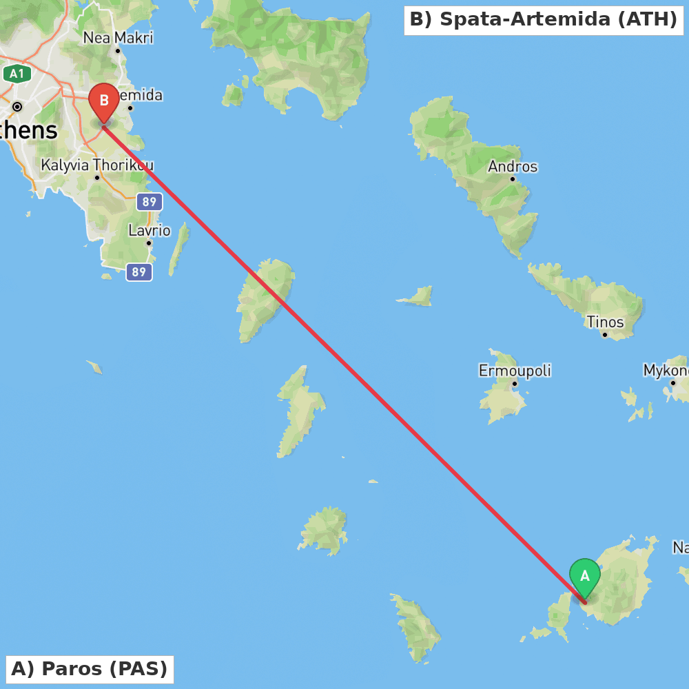 Flight route map from Paros to Spata-Artemida
