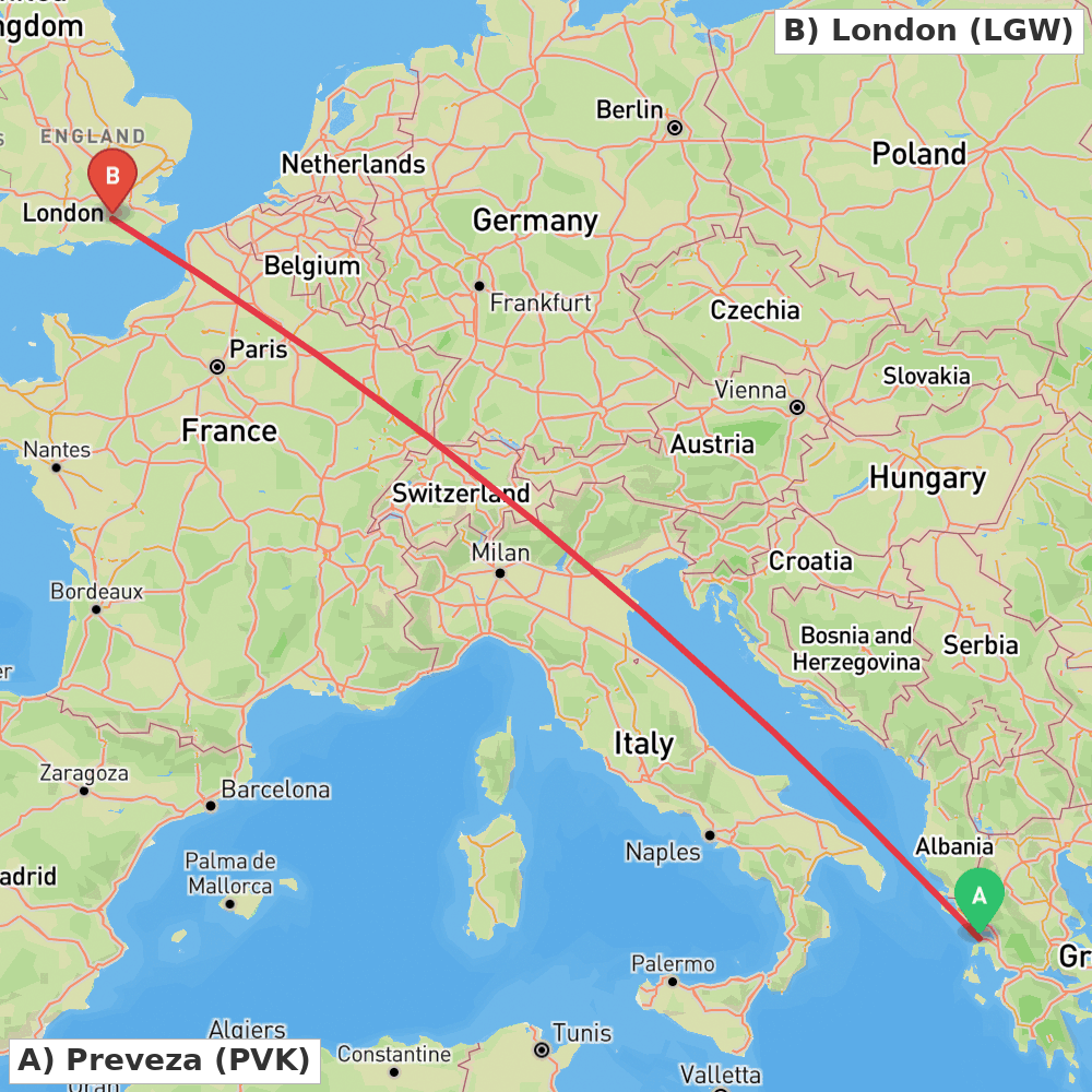 Flight route map from Preveza to London