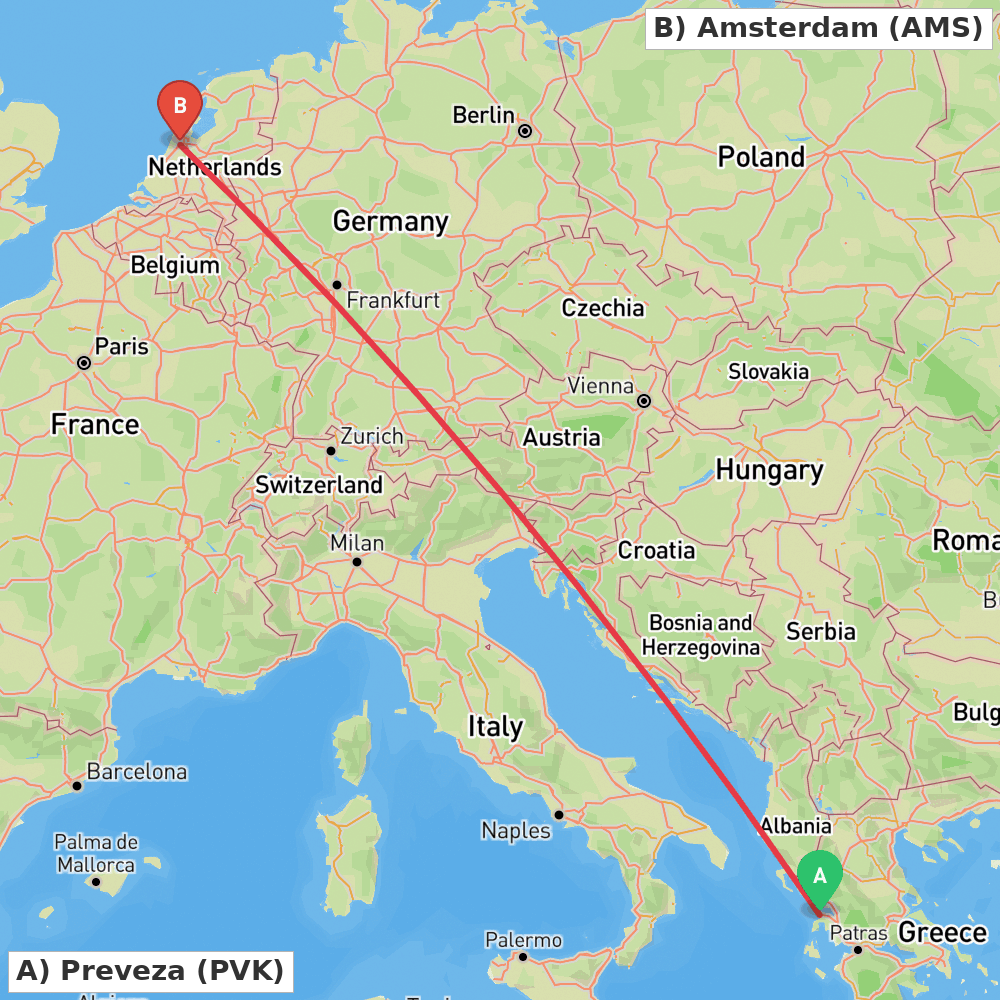 Flight route map from Preveza to Amsterdam