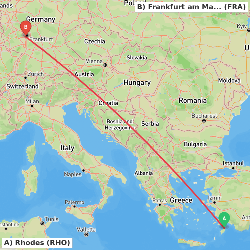 Flight route map from Rhodes to Frankfurt am Main