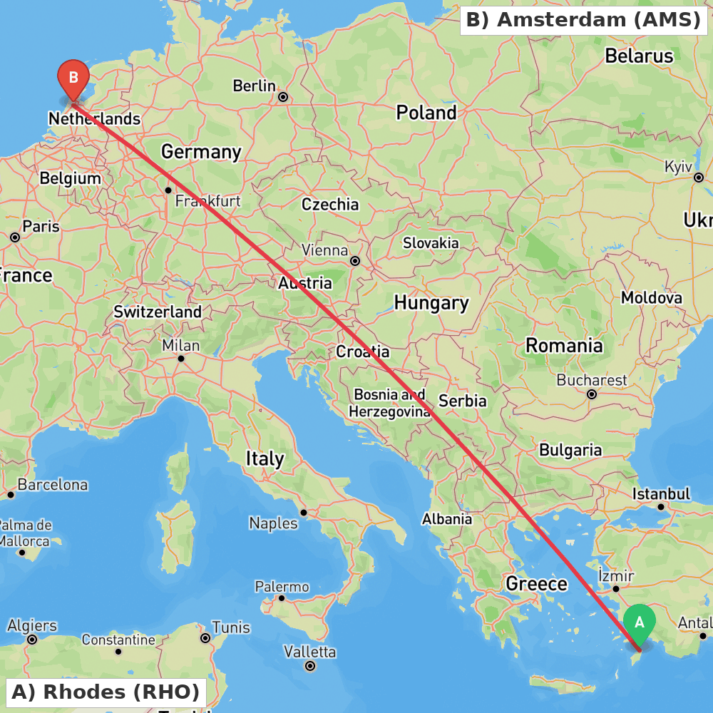 Flight route map from Rhodes to Amsterdam