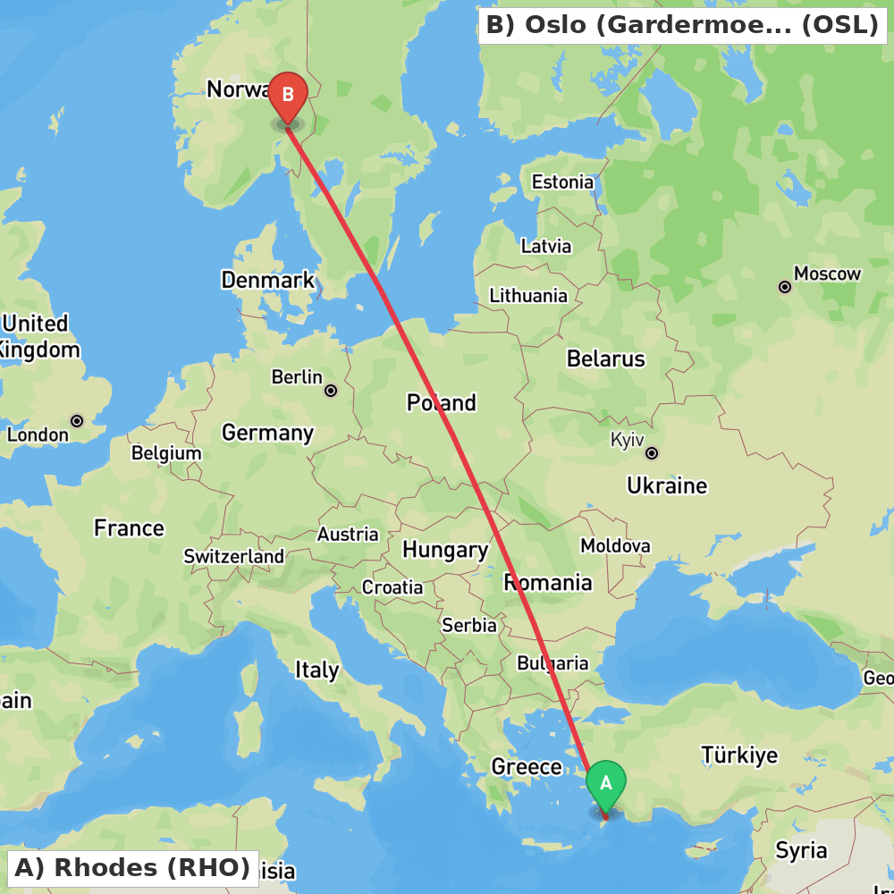 Flight route map from Rhodes to Oslo (Gardermoen)
