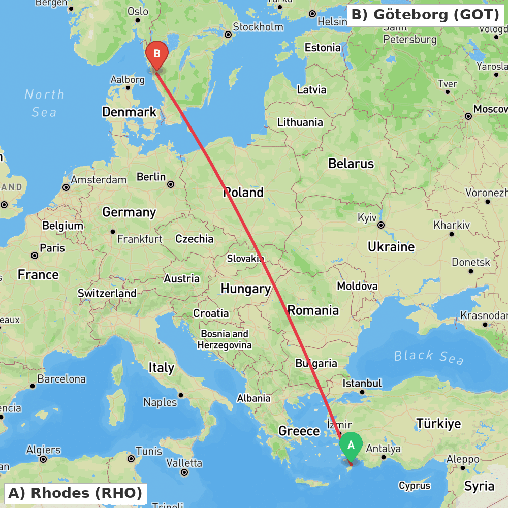 Flight route map from Rhodes to Göteborg