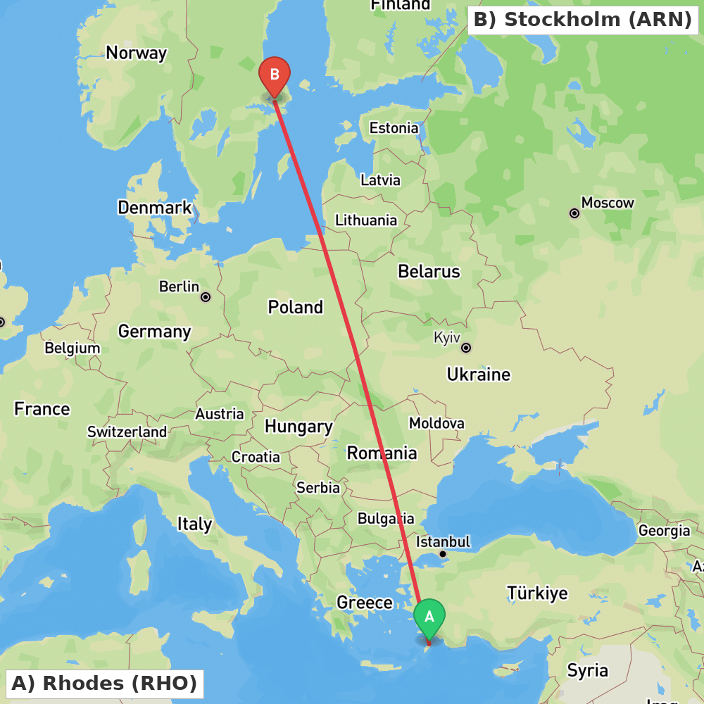 Flight route map from Rhodes to Stockholm