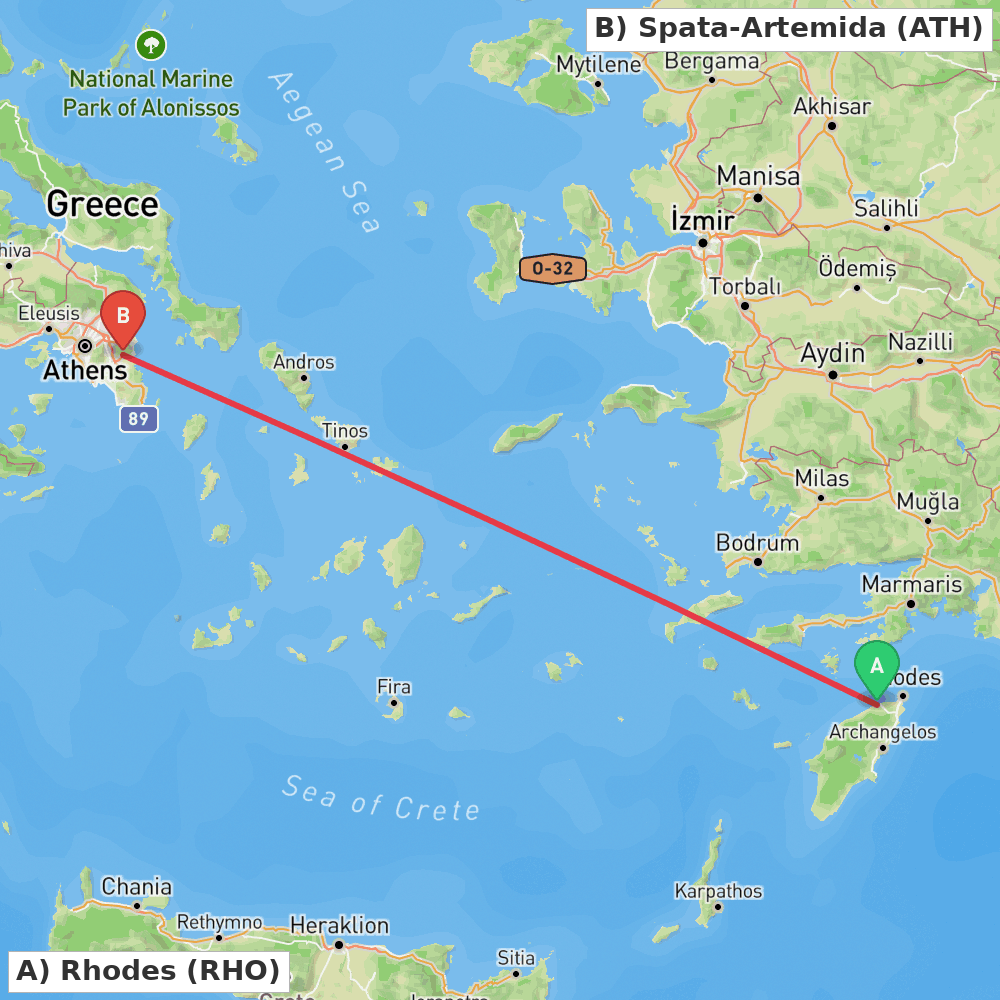 Flight route map from Rhodes to Spata-Artemida
