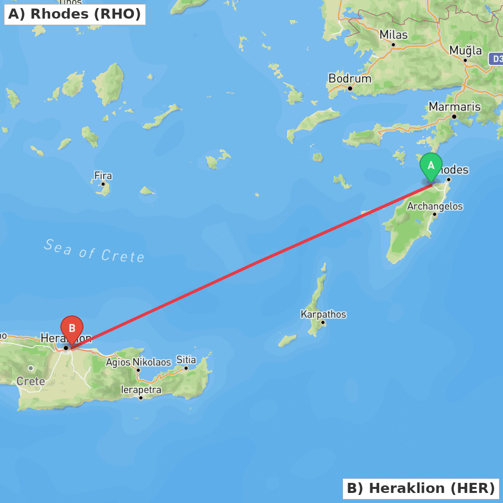 Flight route map from Rhodes to Heraklion