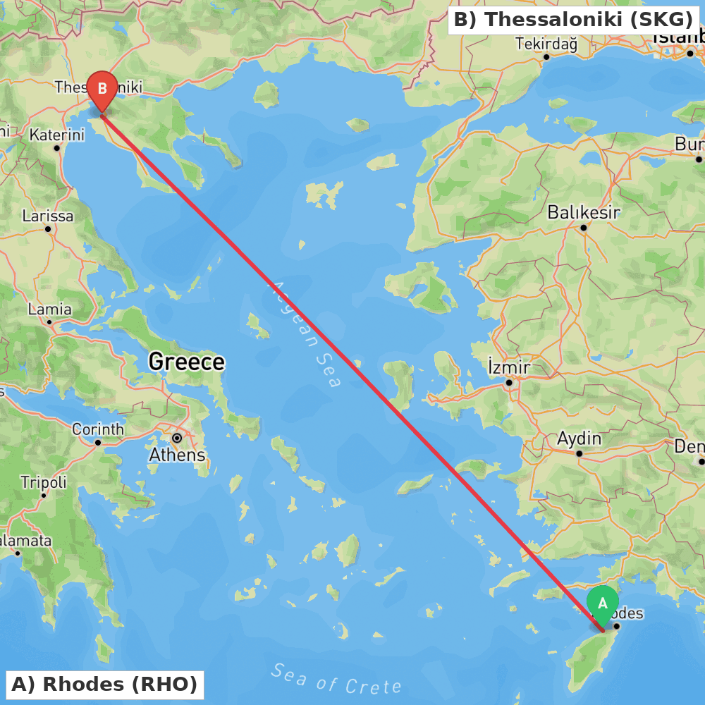 Flight route map from Rhodes to Thessaloniki