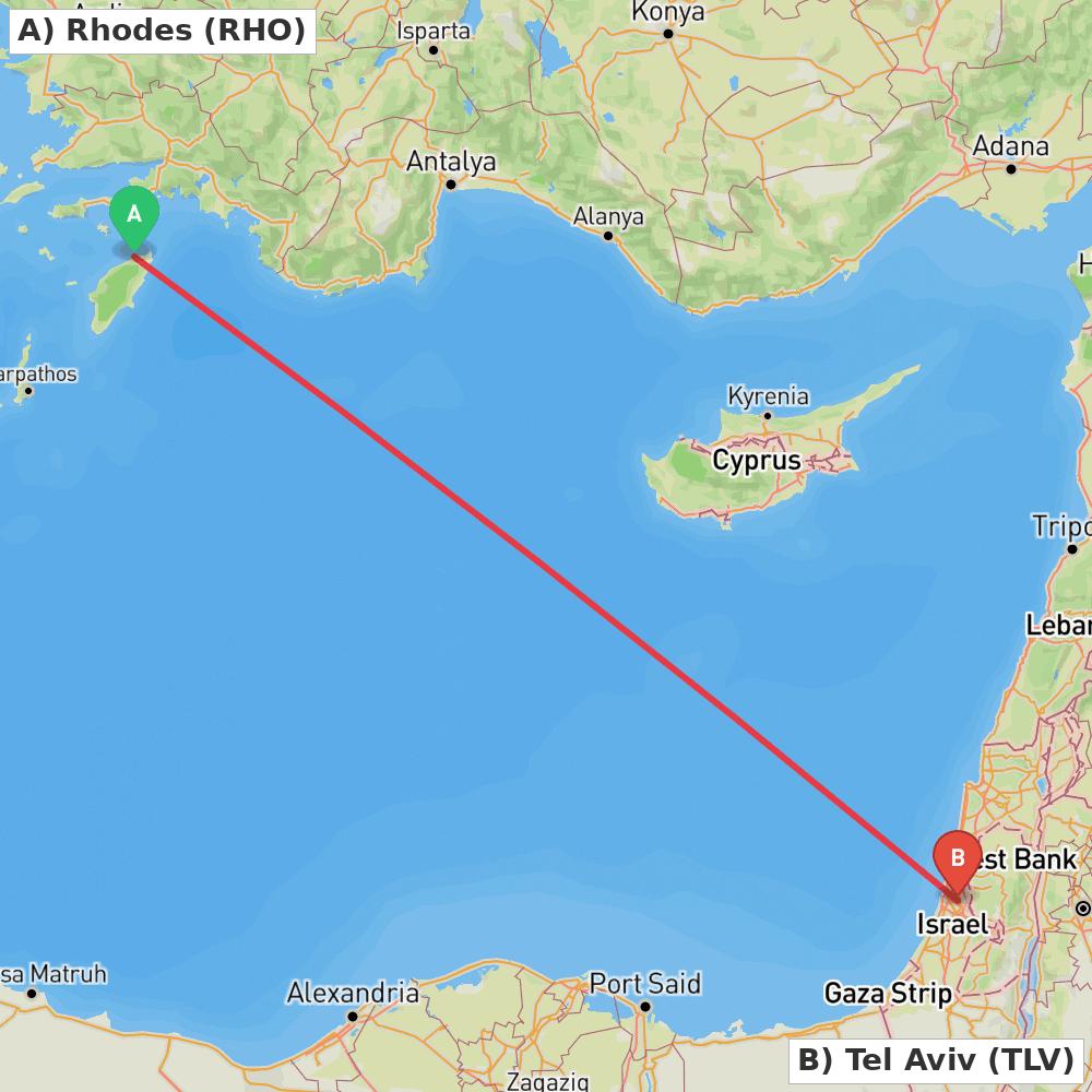 Flight route map from Rhodes to Tel Aviv