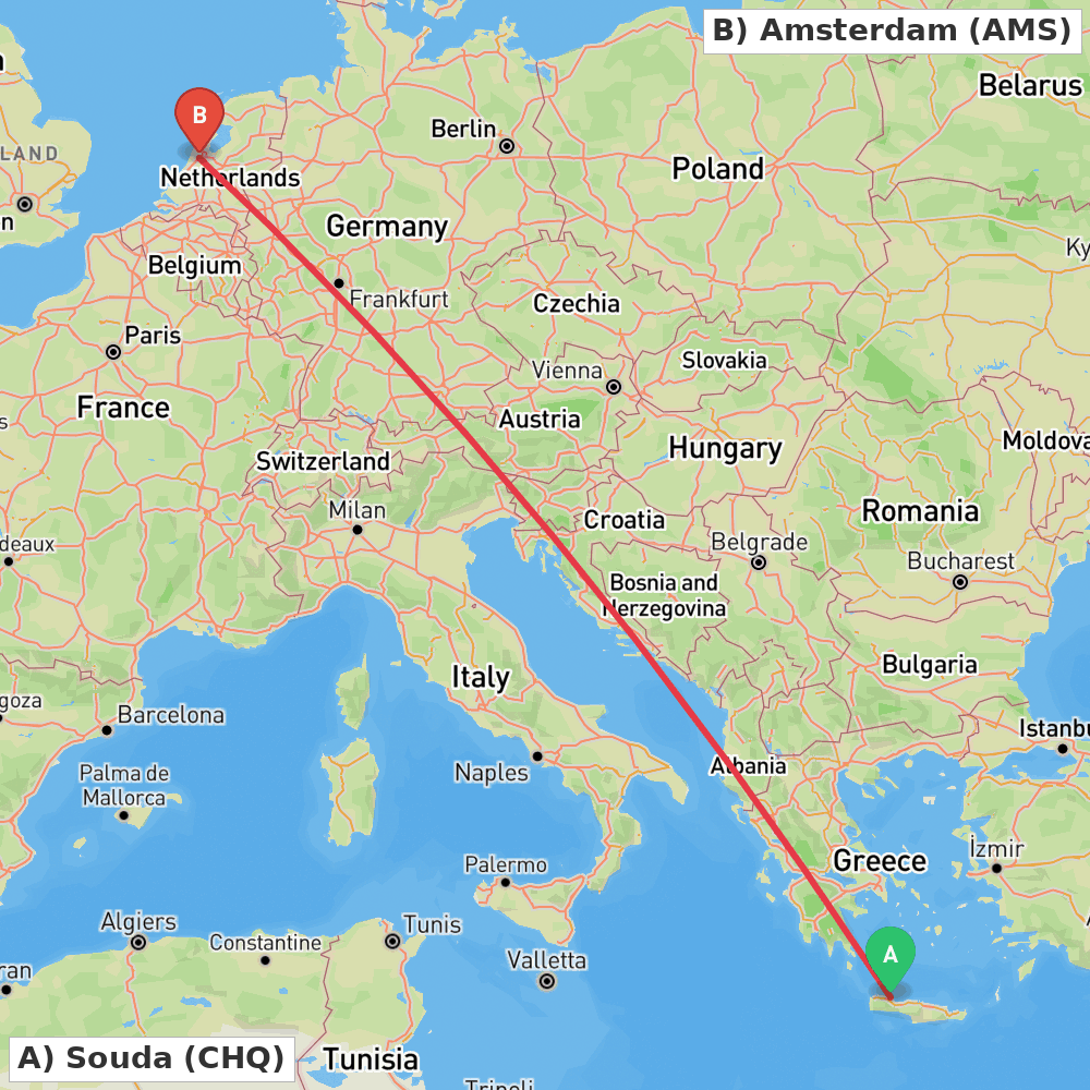 Flight route map from Souda to Amsterdam
