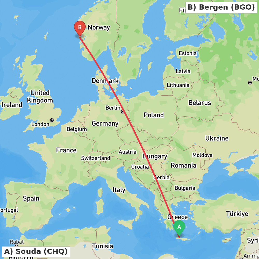 Flight route map from Souda to Bergen