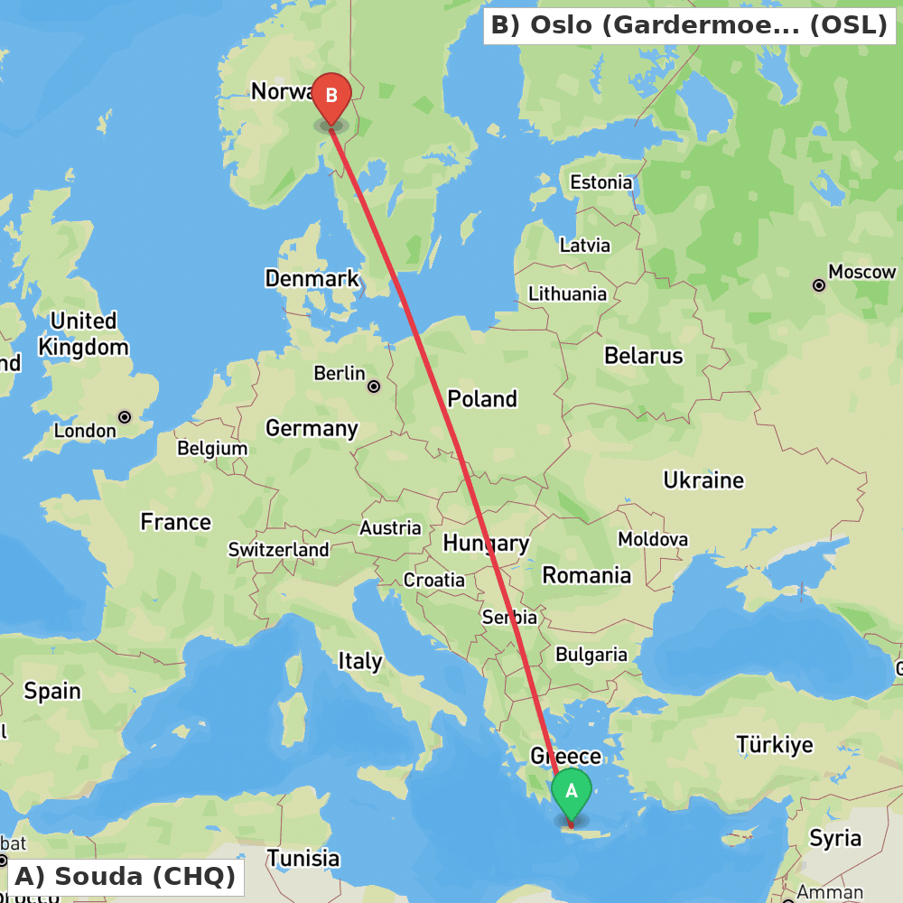 Flight route map from Souda to Oslo (Gardermoen)