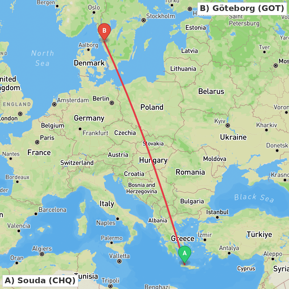 Flight route map from Souda to Göteborg
