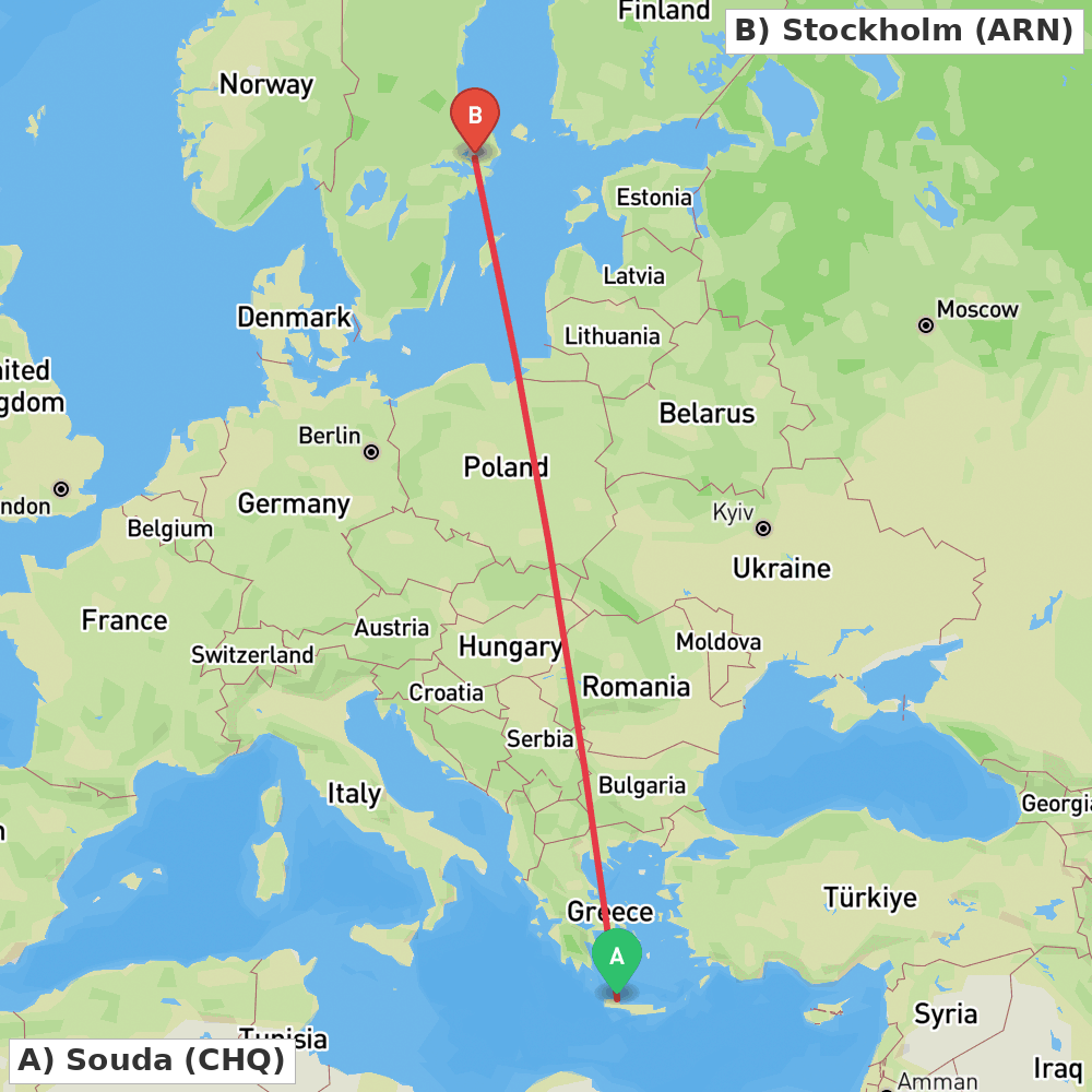 Flight route map from Souda to Stockholm