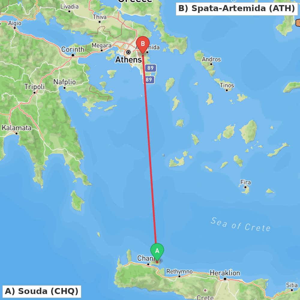 Flight route map from Souda to Spata-Artemida