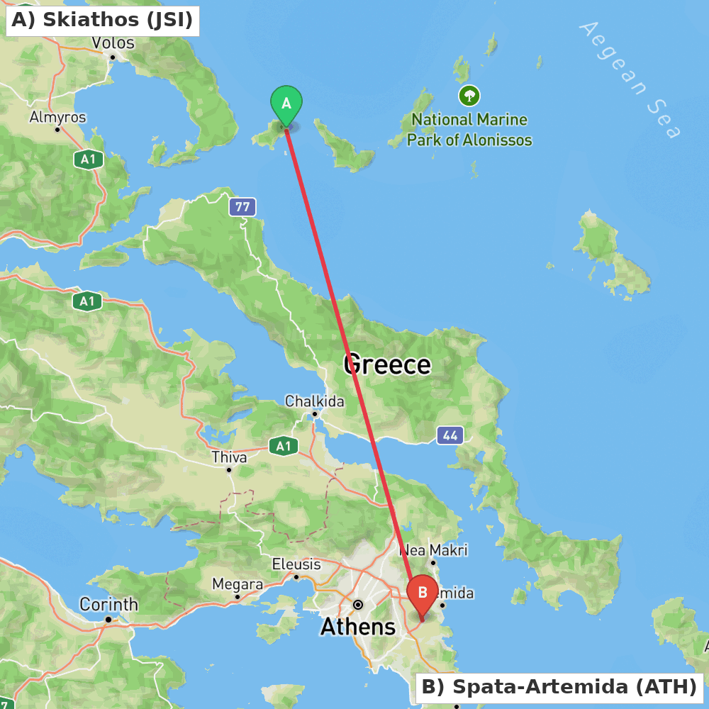 Flight route map from Skiathos to Spata-Artemida