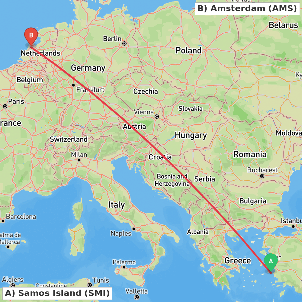 Flight route map from Samos Island to Amsterdam