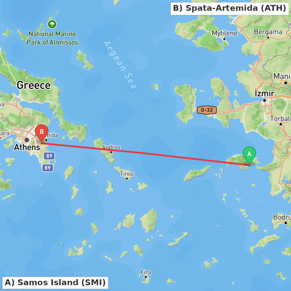 Flight route map from Samos Island to Spata-Artemida