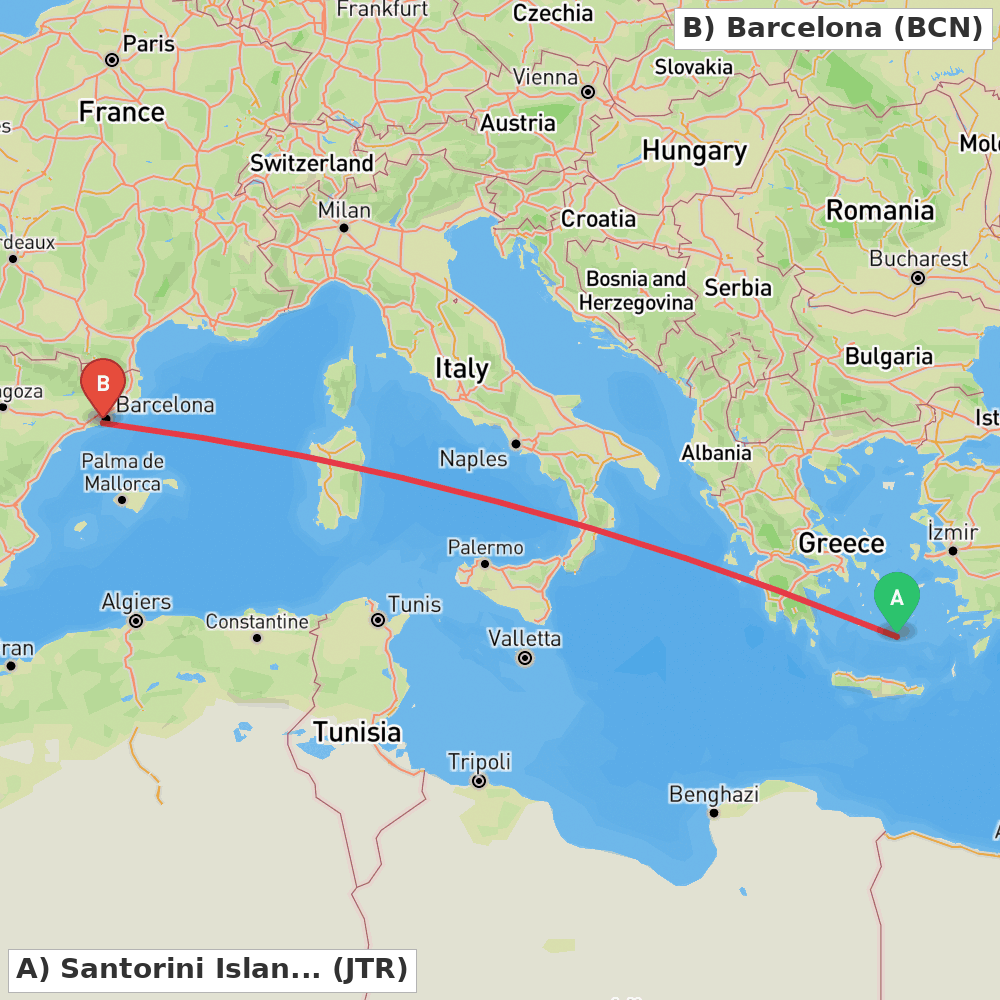 Flight route map from Santorini Island to Barcelona