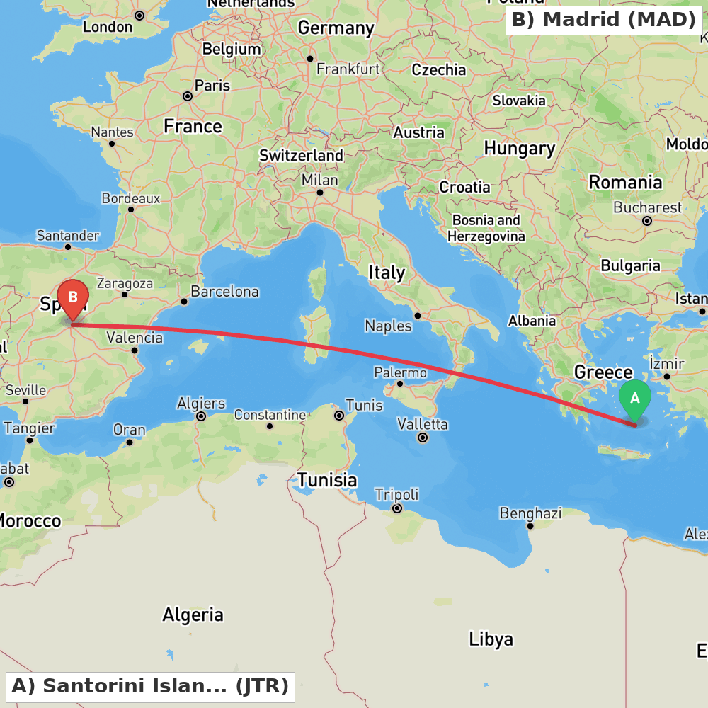 Flight route map from Santorini Island to Madrid