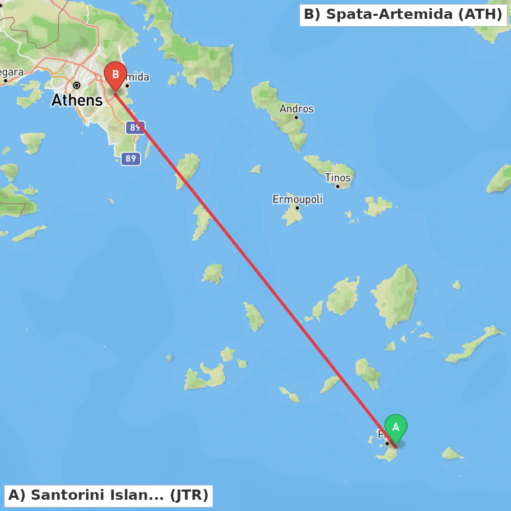 Flight route map from Santorini Island to Spata-Artemida