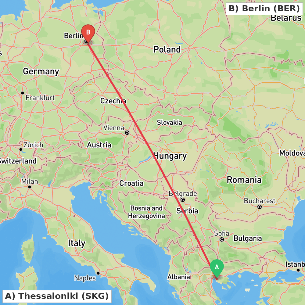 Flight route map from Thessaloniki to Berlin