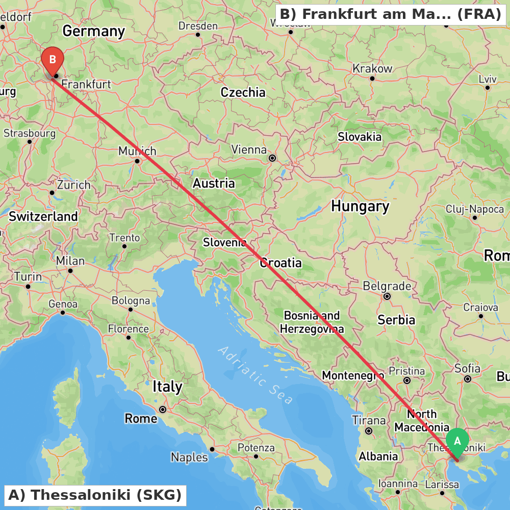 Flight route map from Thessaloniki to Frankfurt am Main