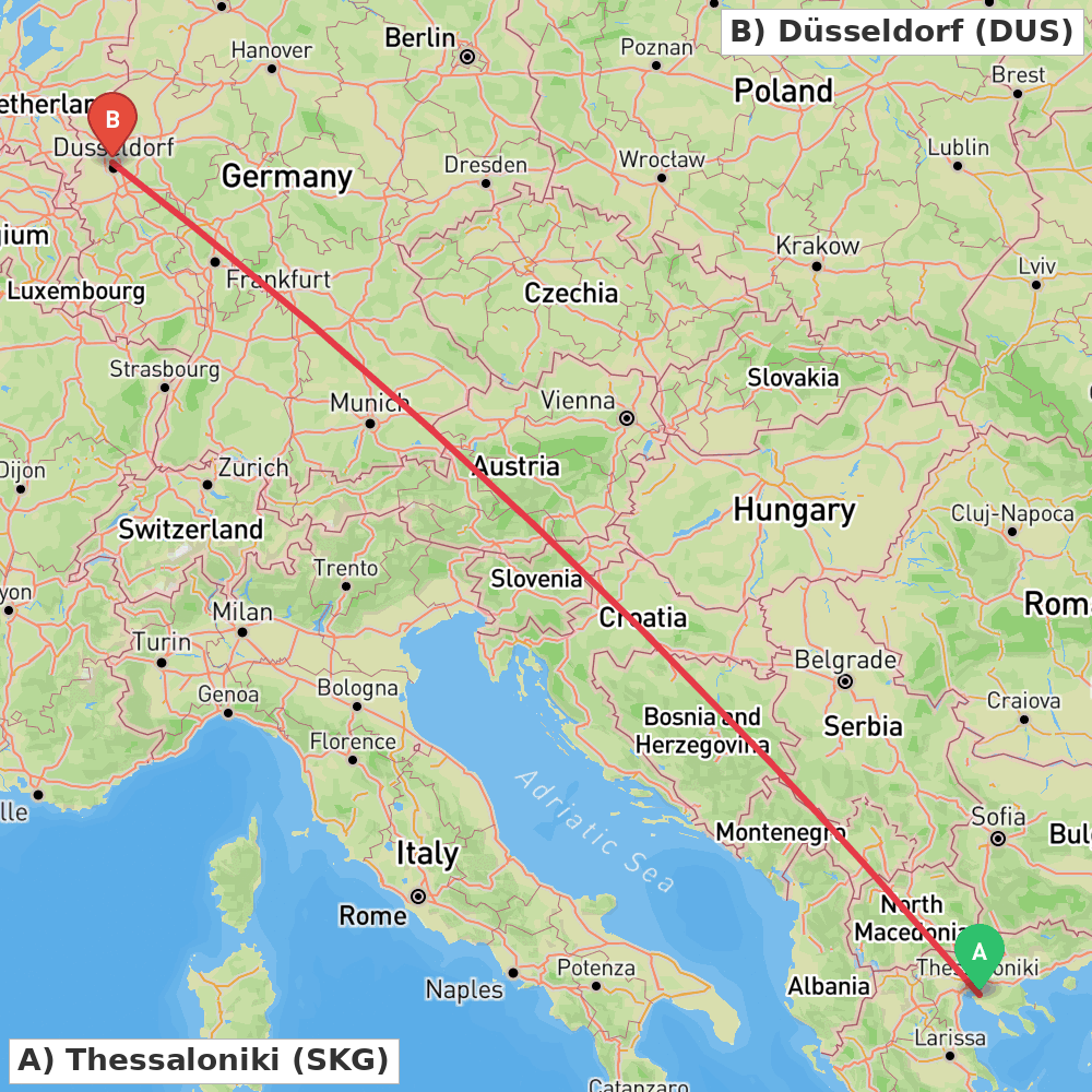 Flight route map from Thessaloniki to Düsseldorf