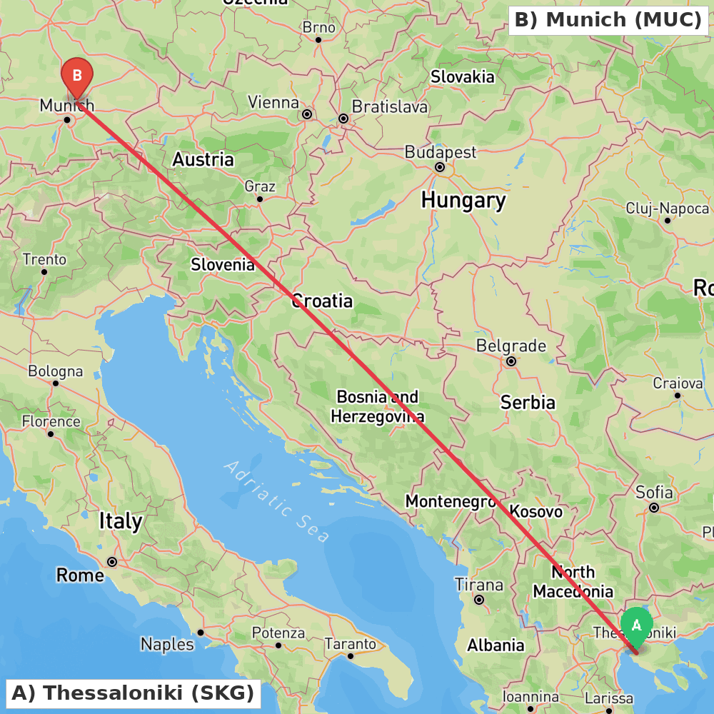 Flight route map from Thessaloniki to Munich