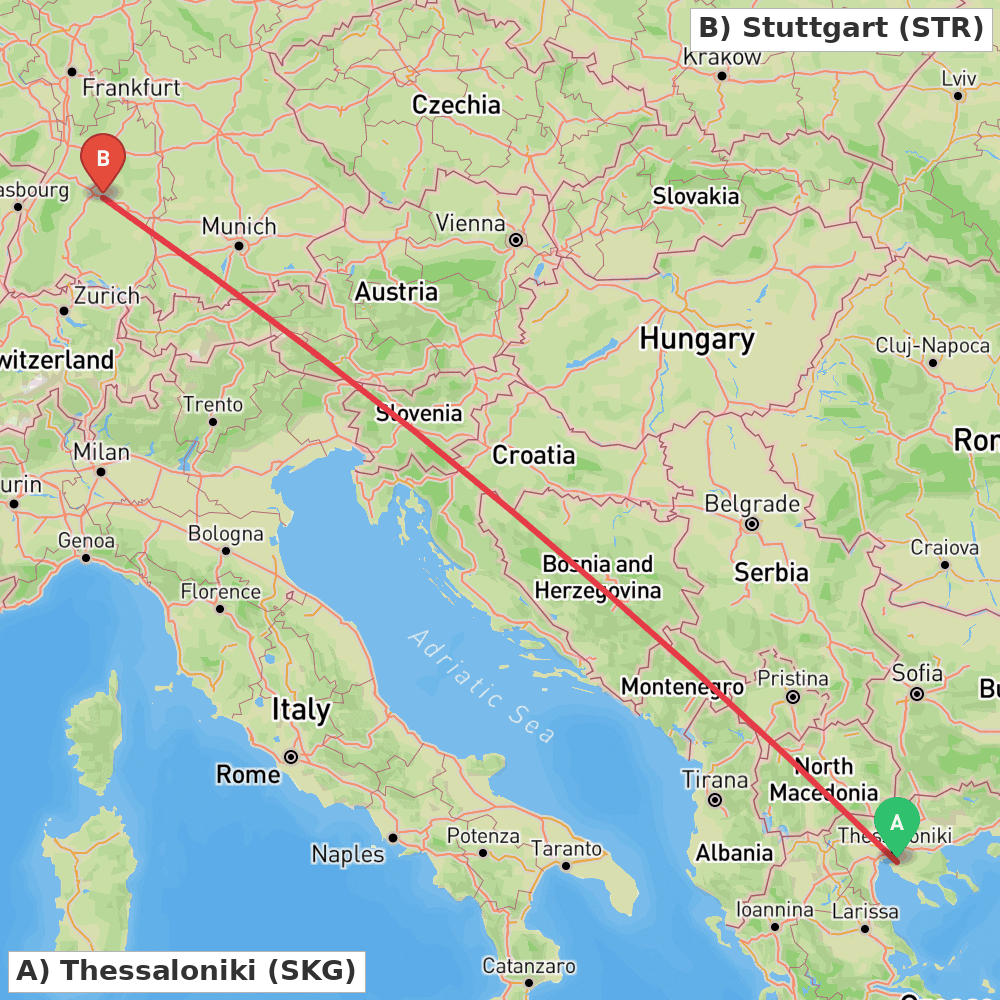 Flight route map from Thessaloniki to Stuttgart